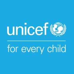 A blue background with the word unicef written in white.